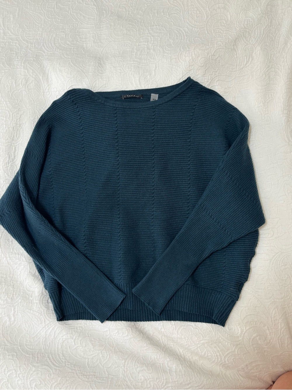 T Tahari Teal Ribbed Crewneck Sweater
